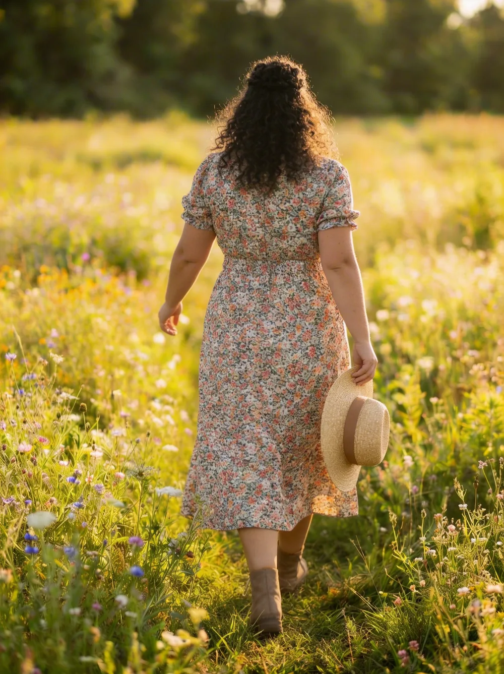 Priscilla walking away through a wildflower field, holding a straw hat in the evening light